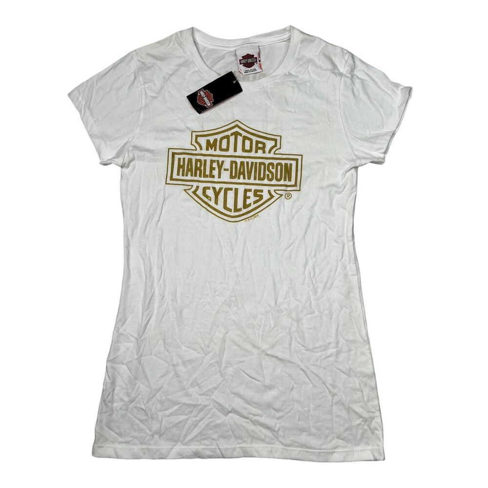 Harley Davidson Gold Glitter Graphic Crew Neck Baby Tee T-Shirt NWT White Lg Jrs